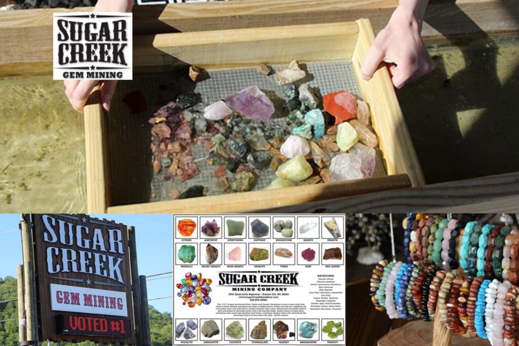 Sugar Creek Gem mining Logo with picture of box of gems and sign and bracelets